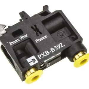 válvula em carcaça de plástico cinza escuro com conexões de engate rápido amarela diâmetro 4mm modelo: pxb-b921 marca: parker