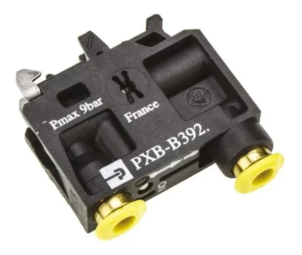 válvula em carcaça de plástico cinza escuro com conexões de engate rápido amarela diâmetro 4mm modelo: pxb-b921 marca: parker