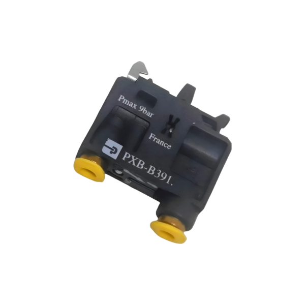 Válvula Pneumática De Botão Pulsante 3/2. Normalmente Fechada Diâmetro 4mm - modelo: PXB-B3911 Cor Cinza com duas conexões de engate rápido amarelas da marca Parker