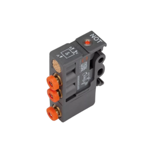 Válvula pneumática em carcaça de plástico cinza escuro com conexões laranja