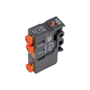 válvula pneumática em carcaça de plástico cinza com conexões em engate rápido laranja Modelo: W3604000004 Marca: Metal Work