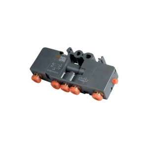 Válvula pneumática com carcaça de plástico cinza escuro e conexões de engate rápido laranja