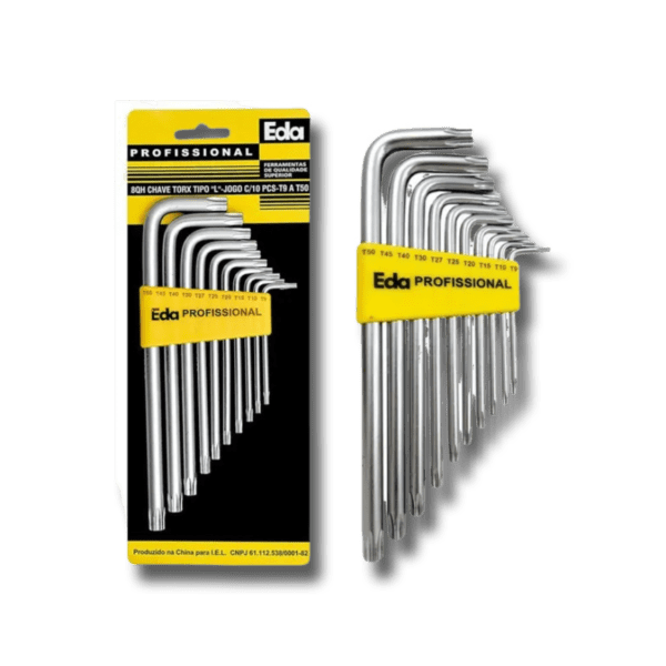 Jogo Chaves Torx Tipo L 10 Peças T9 a T50 Aço Carbono Profissional