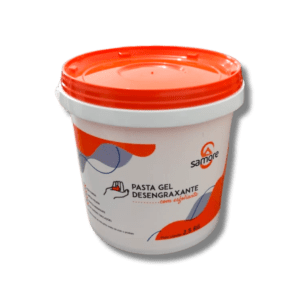 Balde de Desengraxante Pasta Em Gel Samore 2,5kg Com Esfoliante - Balde Branco com Tampa Laranja Logotipo Samore Frontal e instruções de uso atras